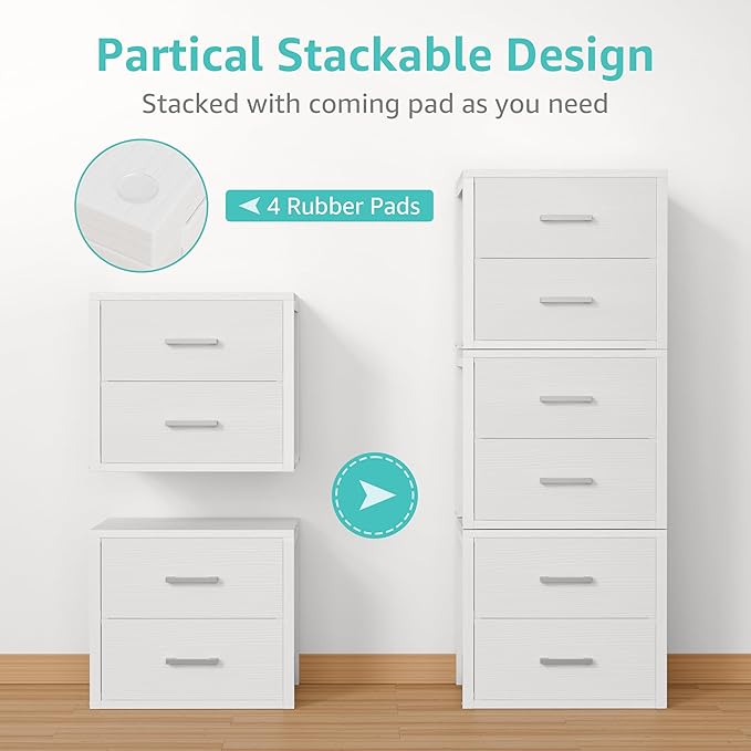 BOLUO Stackable Storage Drawers Closet Organizers and Storage Fabric White 2 Drawer Dresser for Bedroom 2 Packs Modern