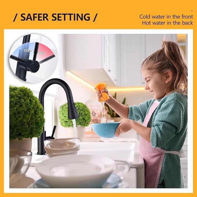 Hiqufet Kitchen Faucet, Pull Down Sprayer, Matte Black | Easy Install, 360 Swivel, 3 Spray Modes, SUS304 Stainless Steel, Leak-Proof, Fingerprint Resistant, Single Handle