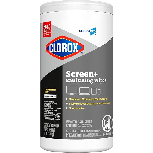 CloroxPro Clorox Screen+ Sanitizing Wipes, Disinfecting Wipes for Electronics, Gentle on Phones, Tablets, LCD Screens, Laptops and Sensitive Surfaces, Citrus Blend Scent, 1 Canister, 75 Wipes, 6 Pack