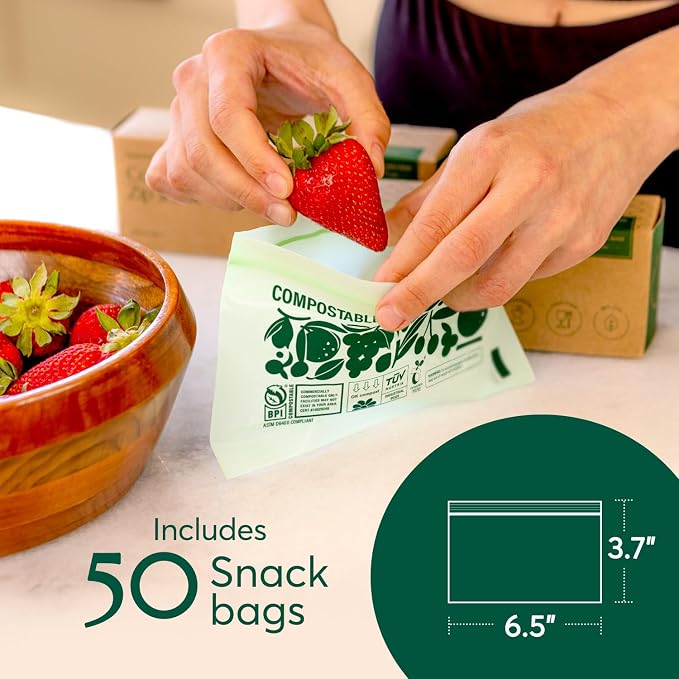 Cleanomic Compostable Zip Sandwich Bags - Leak Resistant, Gallon, Quart, Sandwich, Snack - 125 Count