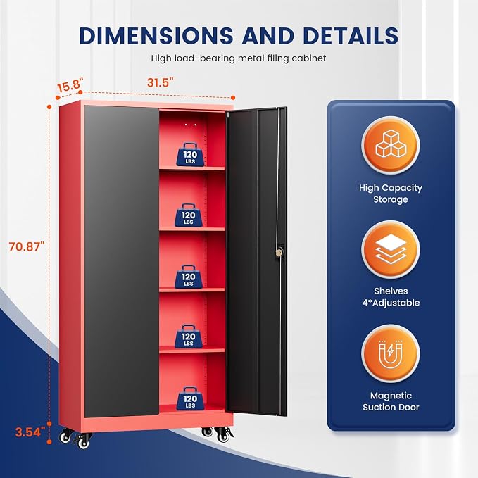 Metal Garage Storage Cabinet with Locking Doors and Adjustable Shelves,- 75" Rolling Steel Tool Cabinet for Home Office,Garage,Warehouse