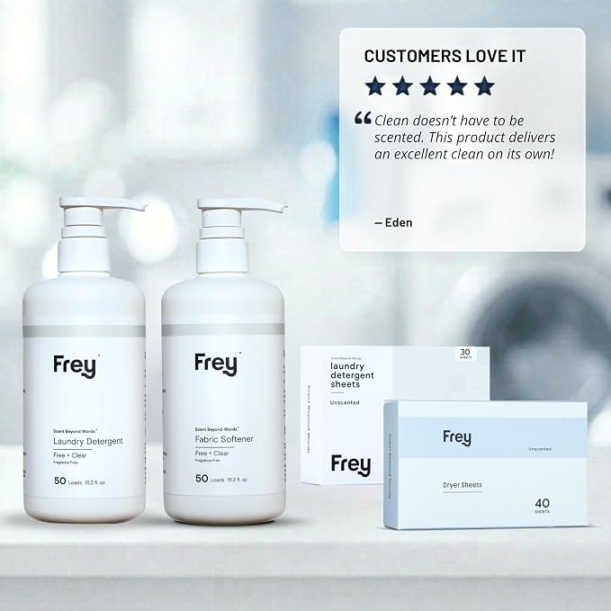 FREY Full Wash Laundry Care Bundle - Concentrated Liquid Laundry Detergent & Fabric Softener (Fragrance-Free)