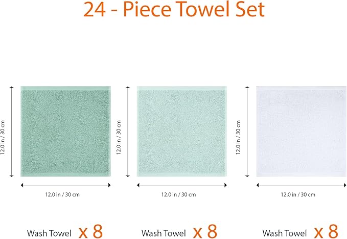 Amazon Basics Highly Absorbent, Soft & Durable 100% Cotton Washcloths for Bathroom, Body and Face, Lightweight, Fast Drying, 12 x 12 inches, Seafoam Green, Ice Blue, White, 24-Pack