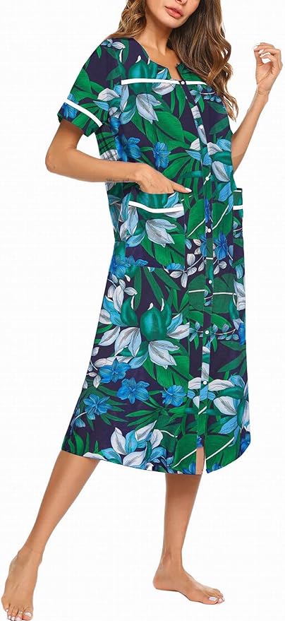 Ekouaer Womens Snap Front Dusters Cotton Housecoat Short Sleeve Nightgown House Dress With Pockets