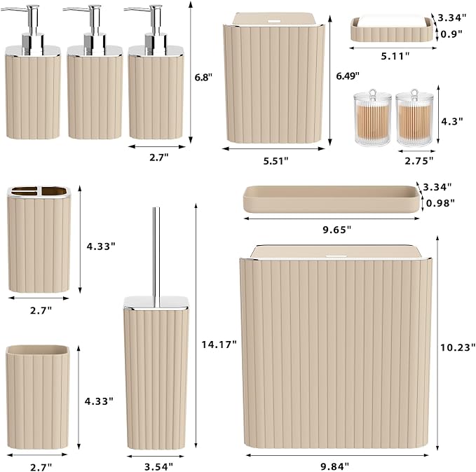 Bathroom Accessory Set - Bathroom Set, 12PC Bathroom Accessories Set, Beige Bathroom Accessories Set, Mini Trash Can, Toilet Brush, Trash Can & Soap Dispenser