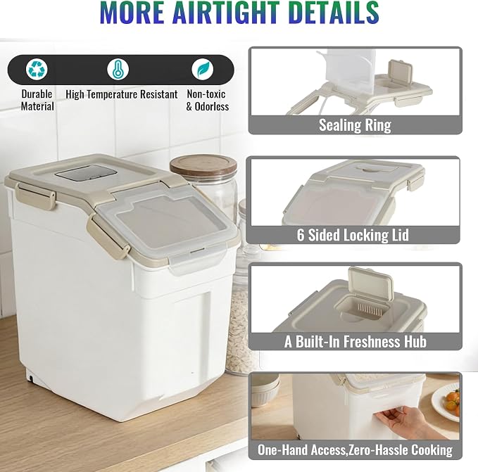 Rice Container 25 lbs Large Bulk Flour Sugar Storage Holdhouse Plastic Grain Cereal Dry Goods Bin with Spoon and Measuring Cup for Kitchen Pantry Organization - Grey