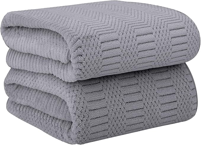 JML Bath Towels, 30" x 60", Gray, Set of 2 | Hanging Hook, Lint Free, Oversized, Soft, Super Absorbent, Fast Drying, Use for Sport, Fitness, Yoga, Diamond Cross Grid