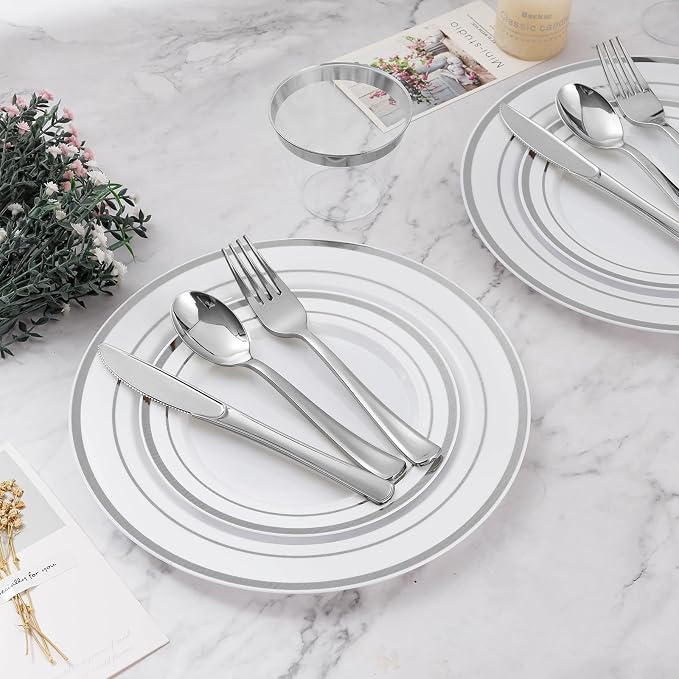 BESTVIP 450PCS Plastic Dinnerware Set (75 Guests), Silver Disposable Plates for Party, Wedding, Christmas, Anniversary, Includes: Dinner Plates, Dessert Plates, Cups, Spoons, Forks and Knives