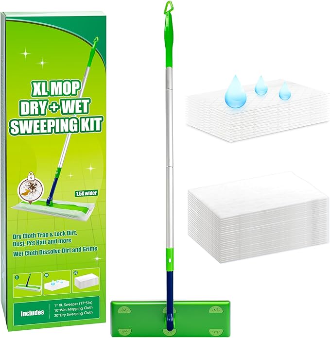 1.5X Wider XL Mop Set - 1 Long-Handle Mop, 10 Wet Pads & 20 Dry Pads, 360° Rotating Head, Fast Cleaning for Hardwood, Tile, Laminate Floors