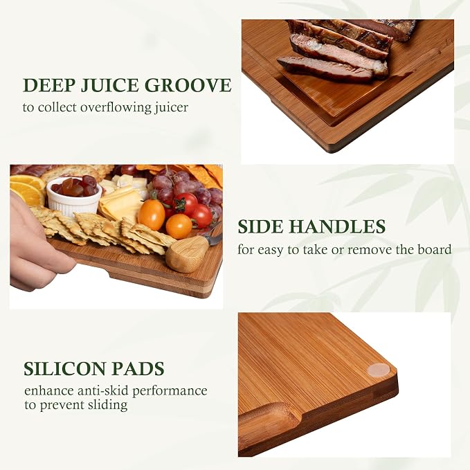 Empune Bamboo Cutting Boards for Kitchen, 3 Piece Extra Thick Cutting Board Set with Juice Groove, Deep Carbonized Bamboo Chopping Board, Reversible Wood Cutting Board for charcuterie boards, Brown