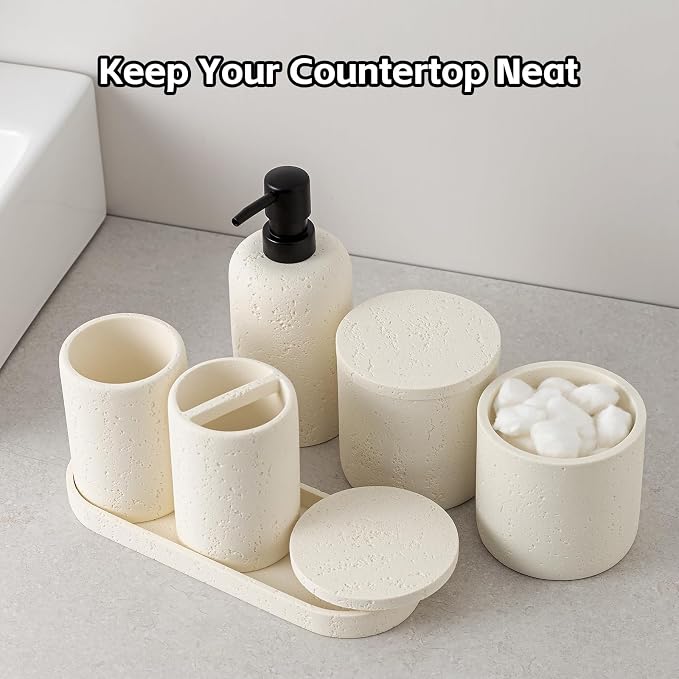 Bathroom Accessories Set,4 PCS Travertine Stone Look Collection,Cream | Modern Bath Organizer with 13.53OZ Soap Dispenser,Toothbrush Holder,Tumbler,Vanity Tray,2PCS Cotton Swab Jars for Countertop