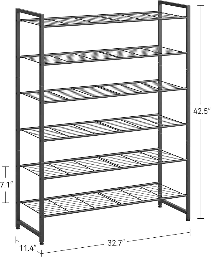 Nunsino Shoe Rack, Metal Shoe Organizer, 6 Tier Garage Shoe Rack Max Holds 30 Pairs,Shoe Storage Shelf for Closet,Entryway, Black