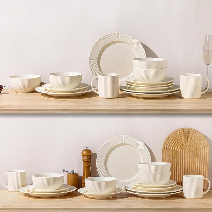 TheTerra Ceramic Dinnerware Sets for 6, 18 Pieces Porcelain Lightweight Plates and Bowls Sets, Scratch Resistant Dish Set, Oven, Microwave & Dishwasher Safe, Ivory