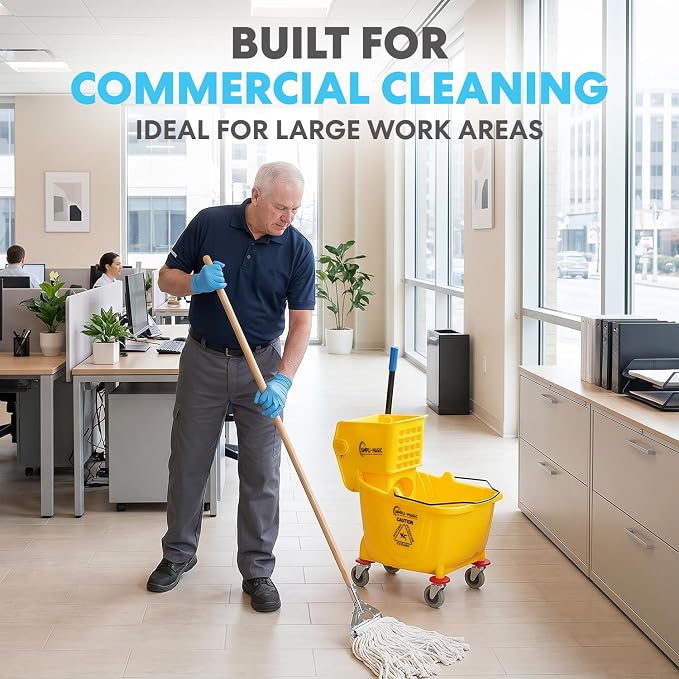 Simpli-Magic Commercial Mop Bucket with Side Press Wringer, 36 Quart, 50,000 Cycles Wringer, Industrial Mop Bucket with Wheels, Yellow, 79538A