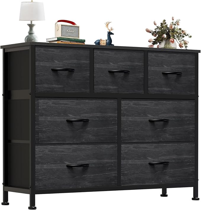 OLIXIS 7 Drawers Dresser for Bedroom, Fabric Storage Tower for Living Room, Entryway - Sturdy Steel Frame, Wooden Top and Easy Pull Fabric Bins, Closet Chests Organizer for Clothes,Black Wood Grain