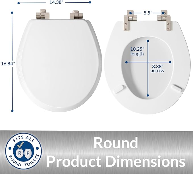 Mayfair Bennett Toilet Seat with Brushed Nickel Hinges, Slow Close Wood Seat, Secure Metal Hinges, Easy Install, Made in USA, Round, White
