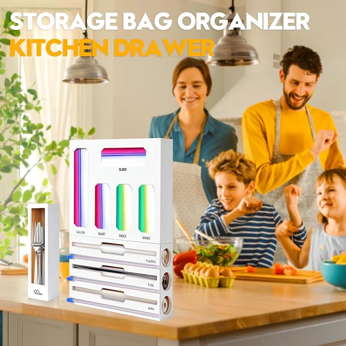 9 in 1 Foil and Plastic Wrap Dispenser with Cutter, White Bamboo Ziplock Bag Organizer for Drawer - Holds Gallon, Quart Bags & Aluminum Foil/Wax Paper, Wall Mountable Kitchen Storage