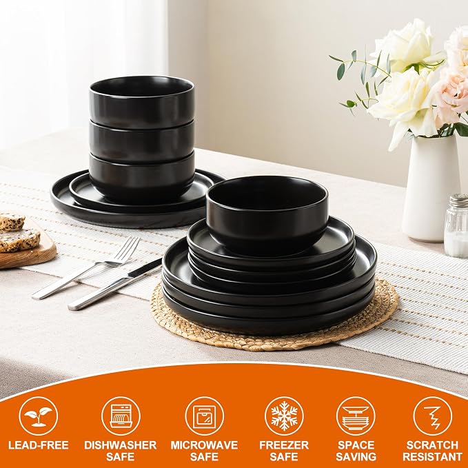 EWFEN Plates and Bowls Sets, 12 Pieces Ceramic Dinnerware Set for 4, Stoneware Dishware Dishes Set, Scratch Resistant Dishes Set, Dishwasher & Microwave Safe, Black