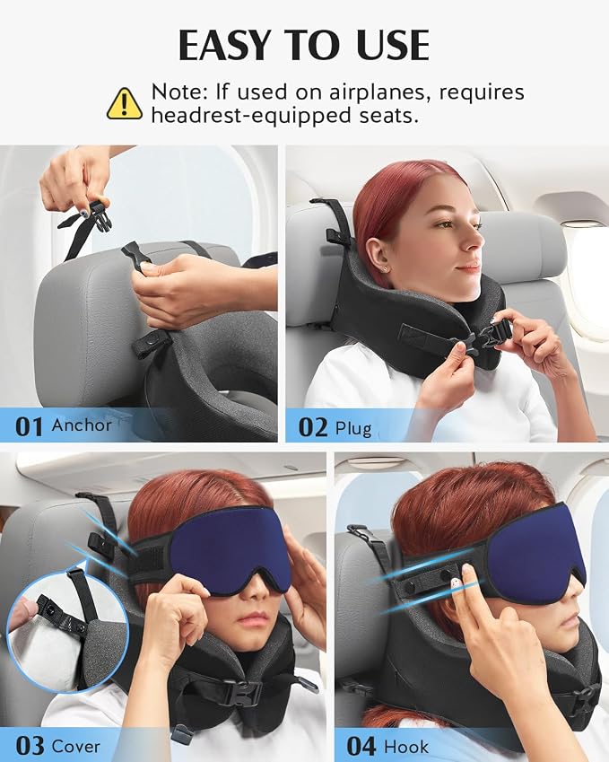 YFONG Travel Pillow for Long Flight Airplanes, Head Strap Combo with 3D Contoured Eye Mask for Sleep, Neck Pillow for Car Trip Essential, 360° Support Memory Foam Headrest, Prevent Bobbing, Blue