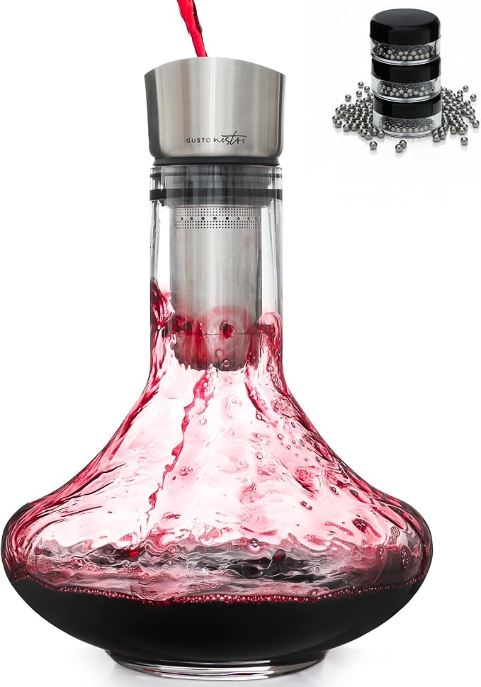 Gusto Nostro Crystal Wine Decanter with Aerator Pourer - Premium Hand-blown Lead-free Glass Wine Decanter Set for Red Wines - Carafe with Lid Filter for Smooth Pouring - Stainless Steel Spout Included