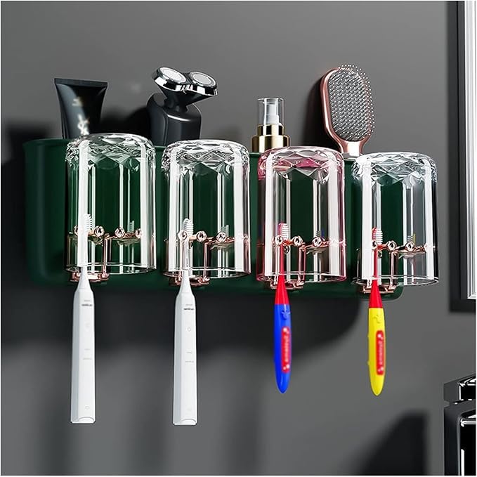Toothbrush Rack Wall Mounted Toothbrush Holder Multifunctional Bathroom Storage Rack with Mouthwash Cup, Toothpaste Squeezer Kit Bathroom Toothbrush Holder(B)