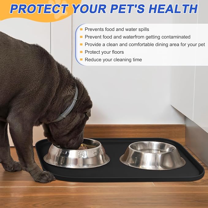 SMILOOL Waterproof Silicone Pet Food Mat with Raised Edge for Dog & Cat | 24" x 16" Non-Slip Pet Feeding Mats with Lip for Food & Water Bowl, Food Grade, Easy Cleaning, Black