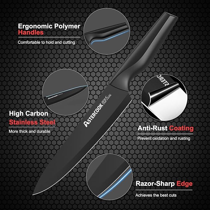 Knife Set, Astercook 21 Pieces Knife Sets for Kitchen with Block, Dishwasher Safe Kitchen Knife Set with Built-in Sharpener, German Stainless Steel Black Knife Block Set, Fathers Day Gift for Men