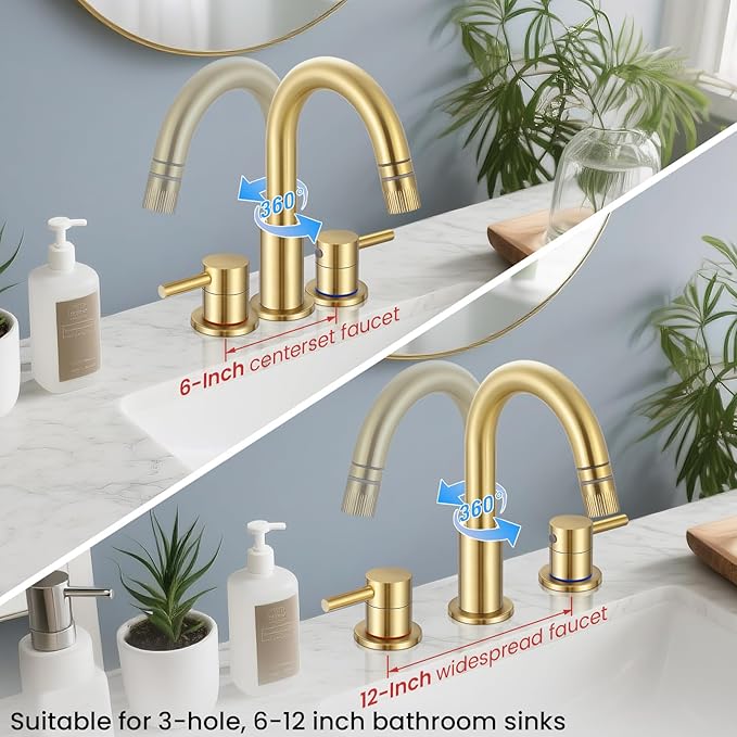 Brushed Gold Bathroom Faucet 3 Hole with Pull Out Sprayer, 8 inch Widespread Bathroom Faucets with Pop Up Drain, Bathroom Sink Faucet with 360° Swivel Spout, 2 Handle Vanity Faucet