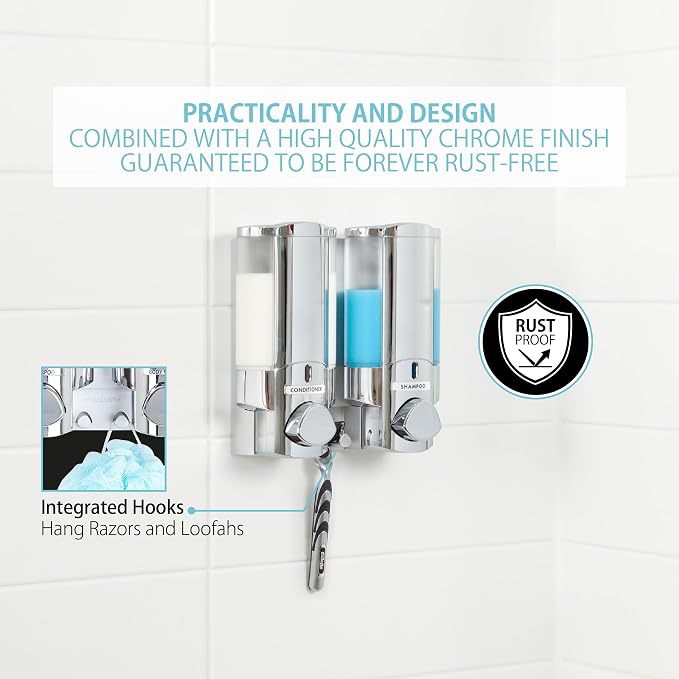 Better Living Products 76245-1 AVIVA Two Chamber Dispenser, Chrome | 2 Chamber, Builet-in Hooks, Flat Wall Installation, No Drill, Shower Soap Pump Dispenser