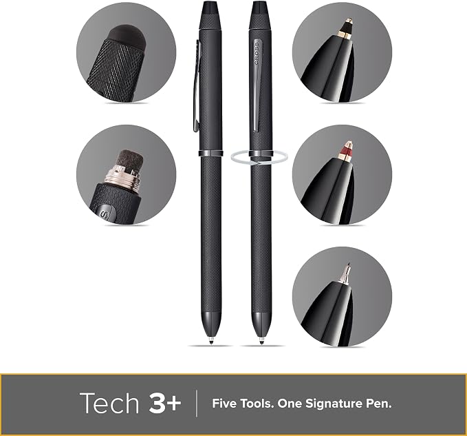 Cross Tech3+ Refillable Multi-Function Ballpoint Pen with Stylus, Medium Ballpen and Pencil, Includes Premium Gift Box - Brushed Black
