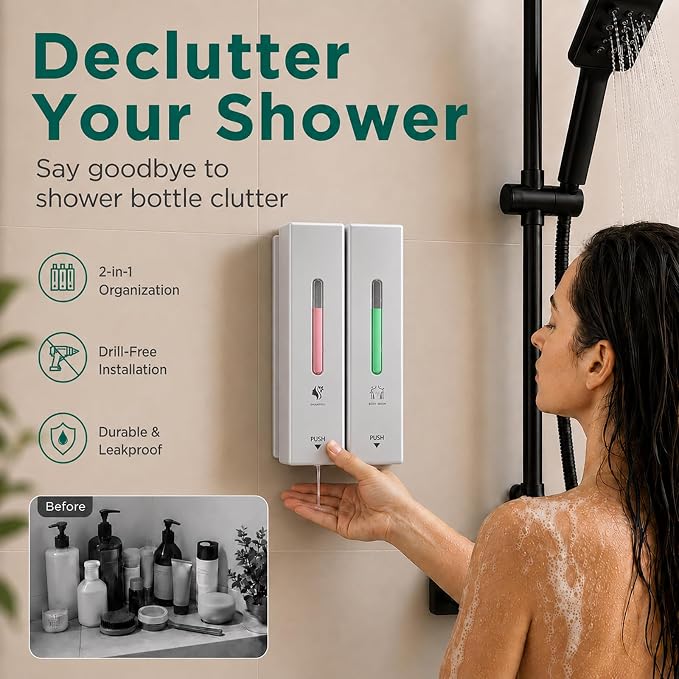 Shampoo and Conditioner Dispenser Wall Mounted, 3-Chamber Shower Soap Dispenser for Bathroom, 1200ML Large Capacity, No-Drill Installation, Clog-Free Pump for Thick Liquids (silver-2-pack)