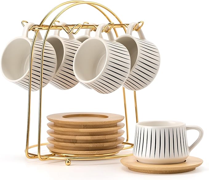 LUKA Ceramic Coffee Espresso Cups with Saucers Set with Metal Holder, 4.4 oz Porcelain Demitasse Cups For Tea, Espresso, Latte, Coffee, Cafe Mocha, Set of 6, White