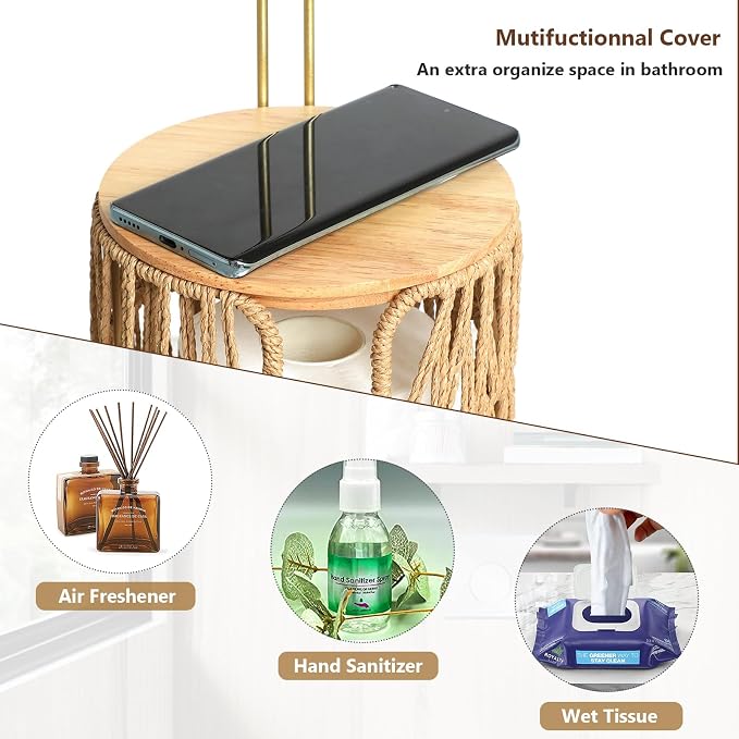 Trongee Freestanding Toilet Paper Holder with Storage,Goldn Handmade Woven Toilet Paper Roll Holder Stand,3 Rolls of Tissue Holder for Bathroom,Rattan Sturdy Boho Bathroom Toilet Paper Storage