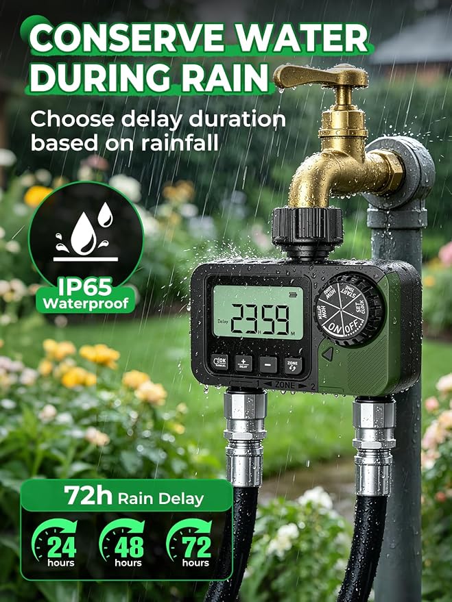Sprinkler Timer 2 Outlets, Programmable Water Hose Timer with Rain Delay/Manual/Automatic Watering System, Outdoor Digital Auto Irrigation for Garden Yard Lawn with Large Display(Black+Olive Green)