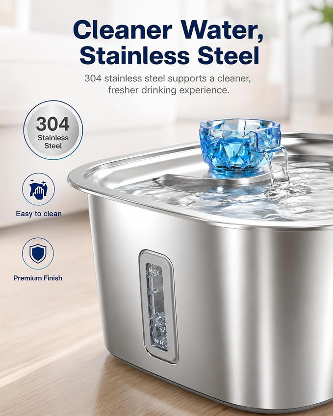 PETNF 3-Gallon Stainless Steel Dog Water Fountain for Large Dogs, Dog Water Bowl Dispenser with 2 Filters, Visible Water Window, Quiet Pump & LED Low-Water Indicator