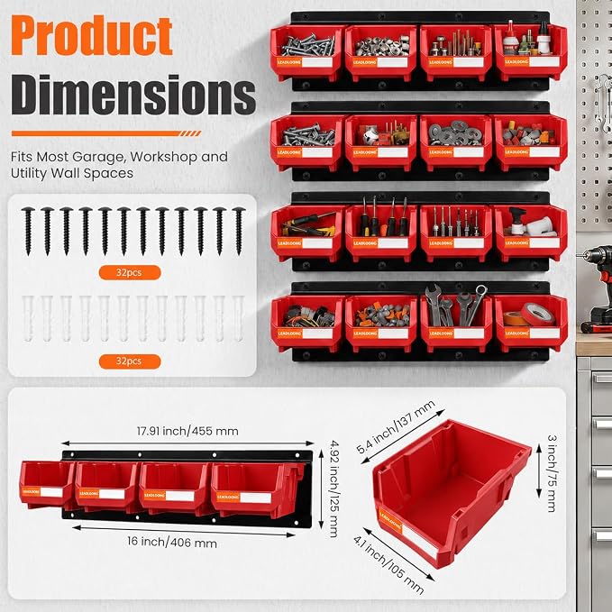 16pc Wall-Mounted Storage Organizer Set with Metal Rails Red | Heavy duty tool organization box with metal rails. Ext 5"x4"x3" for garage screws nuts bolts.