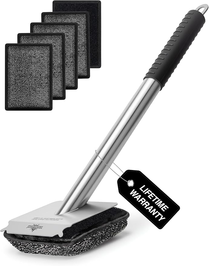 Bristle-Free Steam Grill Brush with 5 Replacement Pads – No Bristle Shedding. Unique Steel Fibers Pads Efficiently Deep Clean All Kinds of Grills. A Safe Outdoor Grill Cleaner. Gift for Men/Dad.