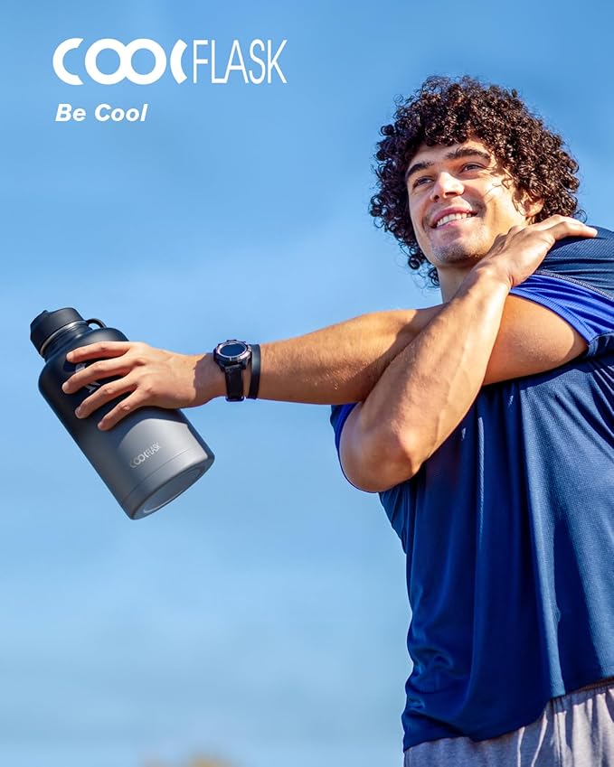 Half Gallon Insulated Water Bottle with Straw & 3 Lids, Coolflask 64 oz Water Jug Large Metal Stainless Steel Wide Mouth for Sports, Gym or Office, Non-BPA Keep Cold 48H Hot 24H, Piano Night