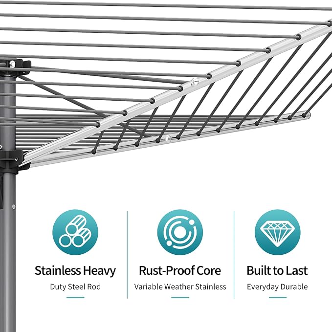 131FT Outdoor Umbrella Clothes Drying Rack | 131FT Metal Drying Rack Clothing, 4-Arm 360°Rotary, Collapsible Clothesline for Lawn Garden Backyard, 67.52" Height
