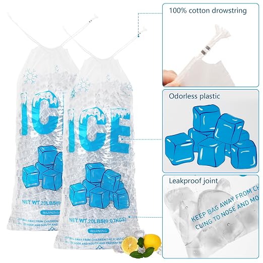 100 PACK 20 lb. Plastic Ice Bags with Cotton Draw String 14 x 28 Inch Heavy-Duty Plastic Ice Storage Bags with Draw String (2.8mil Thickness, Ice Cube pattern) | Heavy-Duty Plastic Ice Storage Bags with Draw String (2.8mil Thickness, Ice Cube pattern)