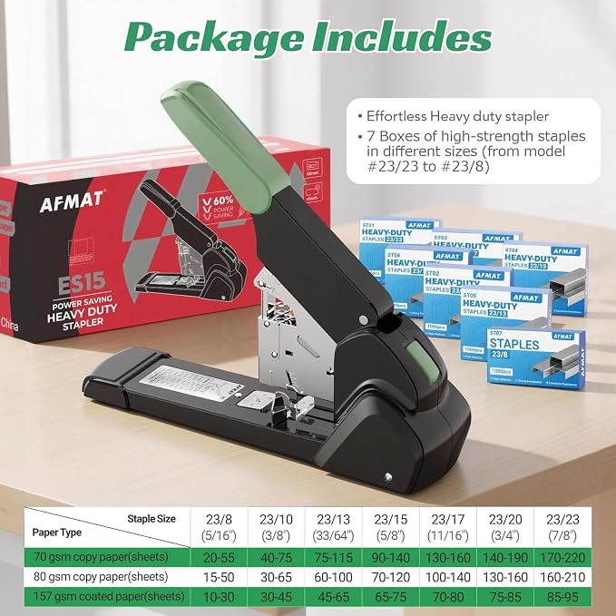AFMAT Heavy Duty Stapler, 210 Sheet Effortless Stapler for Desk, 60% Reduced Effort, Jam Free, 50,000+ Uses, Adjustable Paper Depth, Metal Desktop Staplers for Office, Includes 7000Pcs Staples, ES15