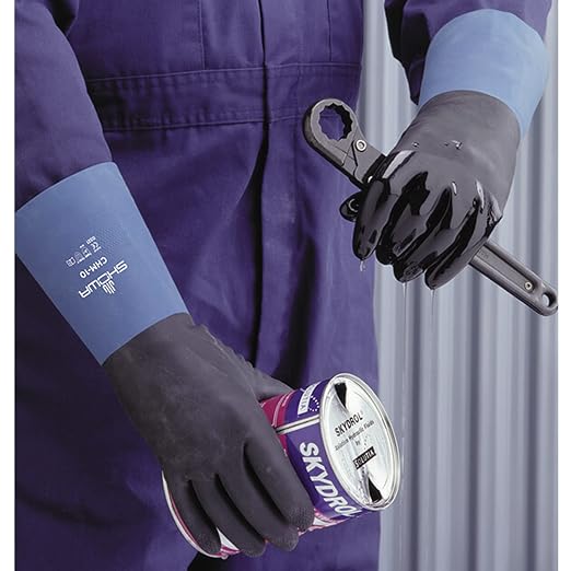 SHOWA CHM Neoprene Over Natural Rubber Latex Chemical Resistant Safety Glove with Cotton Flock Liner, Food Safe, 26 Mil Thick, 12" Length, Medium (12 Pair)