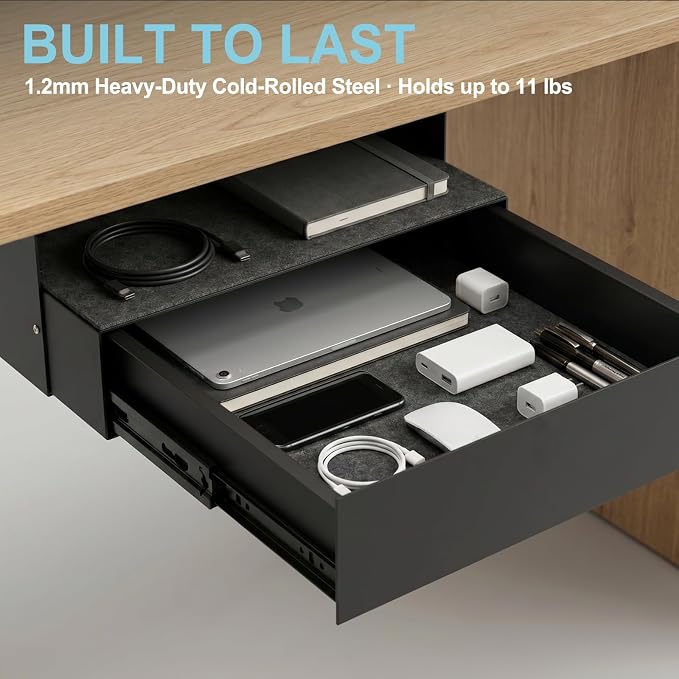 Under Desk Lockable Drawer, Slide-Out Storage Organizer with Full Extension Ball-Bearing Slides, Carbon Steel Undermount Drawer for Home Office Standing Desk, Black, 13.8 Inch