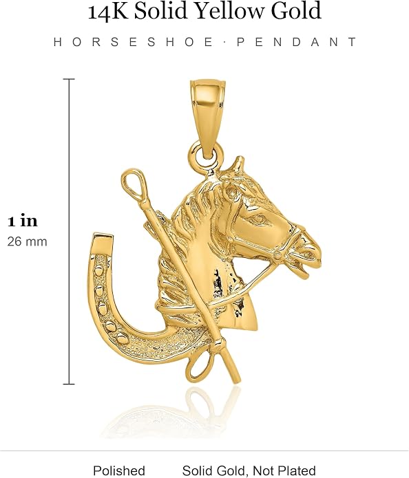 IceCarats 14K Yellow Gold Large Horseshoe Pendant Necklace, 26.2mm 1 inch | Polished, Textured, Solid