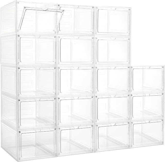 LXLXXL 18 Pack Storage Bins with Lids, 19 Qt Stackable Clear Storage Box | Plastic Storage Bins, Clear Acrylic Magnetic Door, Stackable Organizer Box, Display Case with Lid, for Home Office Organizing