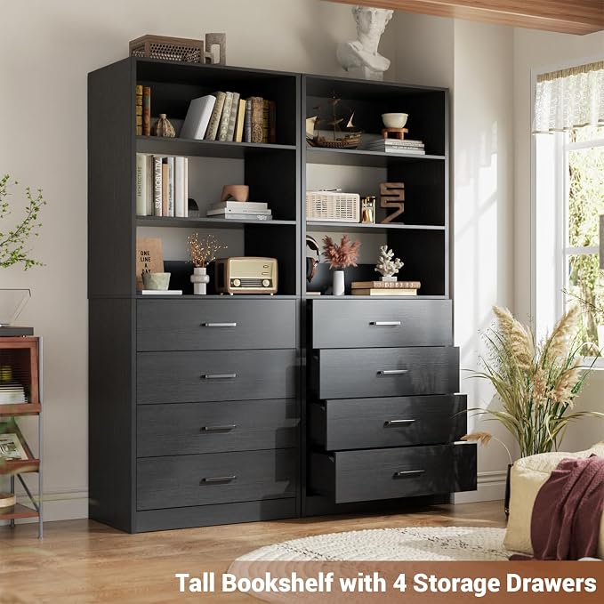 Aheaplus Closet Drawers System, 21.3" Wood Closet Organizer System with 4 Drawers, Modular Walk-in Closet System Storage Unit, Small Closets Wardrobe Rack, Tall Storage Cabinet Unit, Black