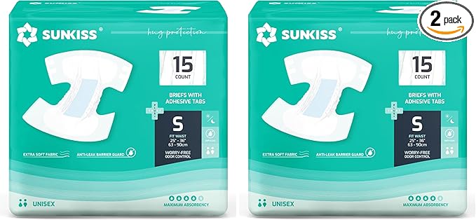 SUNKISS TrustPlus Adult Diapers with Maximum Absorbency, Unisex Disposable Incontinence Briefs with Tabs for Men and Women, Odor Control, Small, Previously XSmall, 15 Count (Pack of 2)