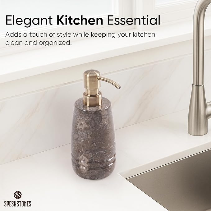 Marble Soap Dispenser 7.5'' Dish Soap Dispenser with Stainless Steel Pump, Refillable Liquid Hand Soap Dispenser with 8.5 Oz Capacity for Kitchen Sink and Bathroom Countertop