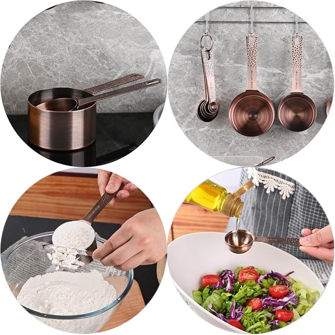 Copper Measuring Cups and Spoons Set, Stainless Steel Measuring Tools Set for Baking & Kitchen, Metric & US 4 Copper Plated Measure Cups and 5 Measure Spoons with Leveler for Wet & Dry