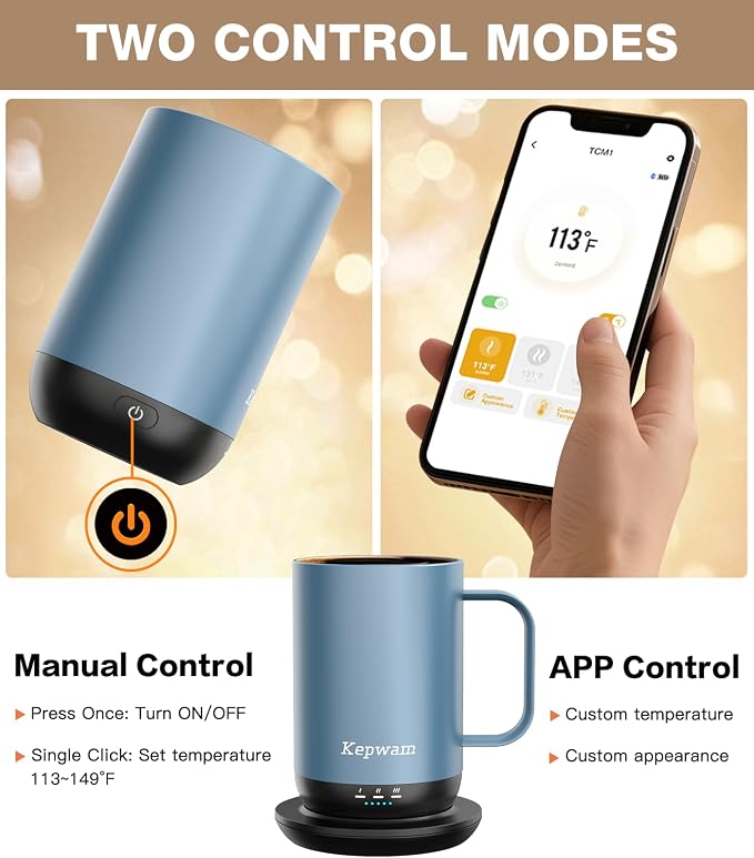 Kepwam Self-Heating Coffee Mug T1-16oz, Fast Heating Rechargeable Heated Coffee Mug, Smart Mug with App & Button Control, Ideal Gift for Coffee Lovers & Hot Drink Enthusiasts
